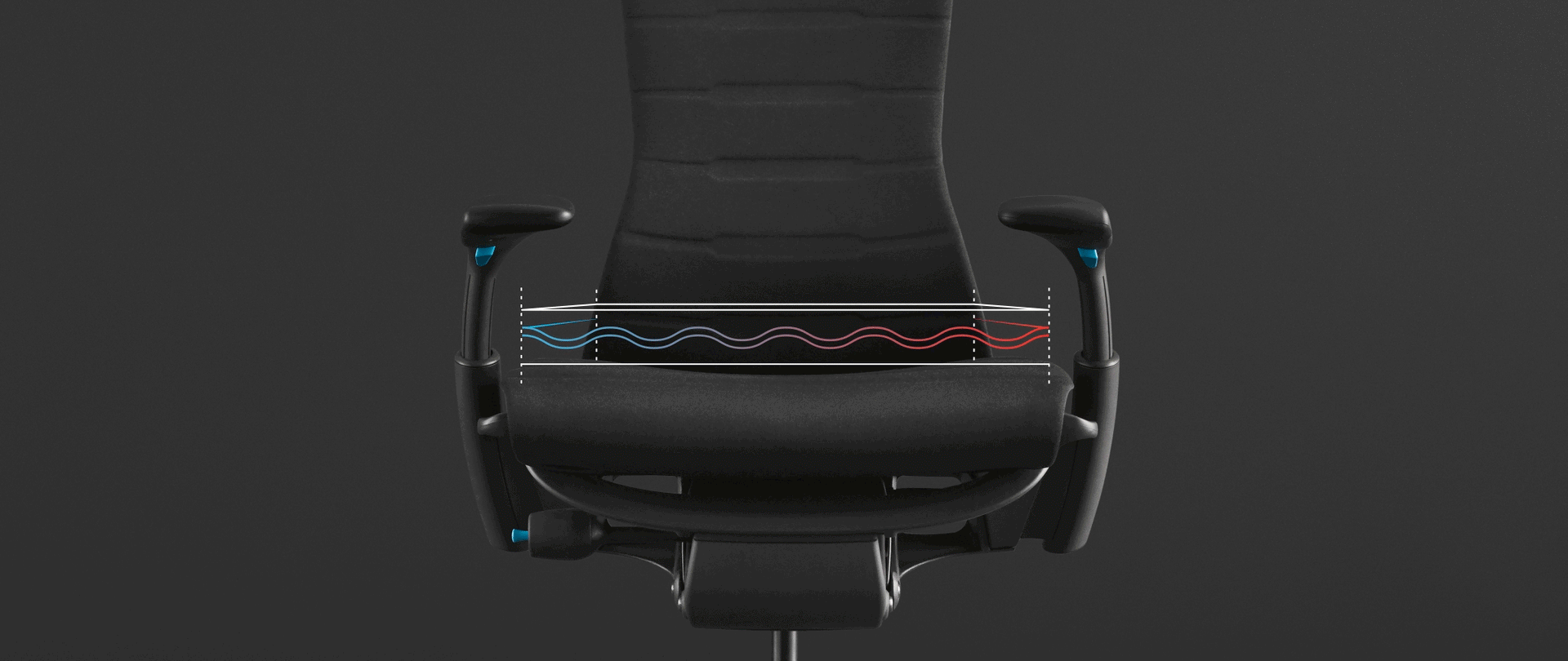 黑色背景中的座椅照片上叠放的动画图，重点突出Embody电竞椅椅座上的新型降温泡沫。